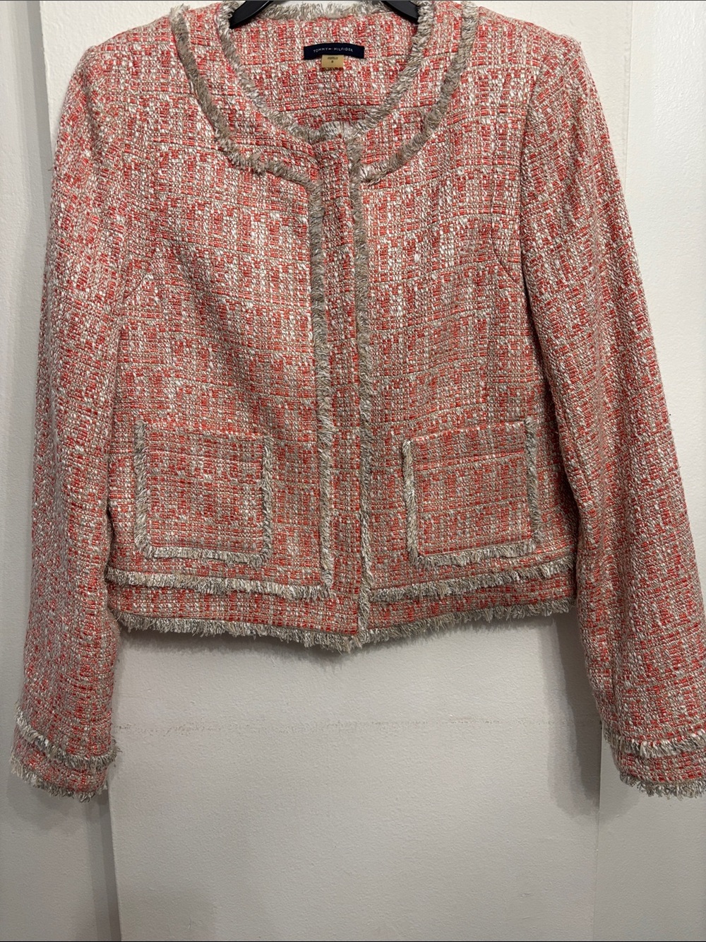 Tommy Hilfiger Coral and Gray Tweed Fringe-Trim Crew-Neck Blazer Lined Size 8